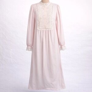 Vintage 80s Victorian Lace Maxi Nightgown Sz M Pink Fleece Cottagecore Coquette